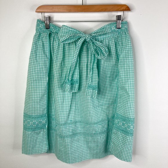 Vintage Handmade Teal Green Gingham Apron Cross Stitch Tie Waist Pocket - Picture 5 of 13